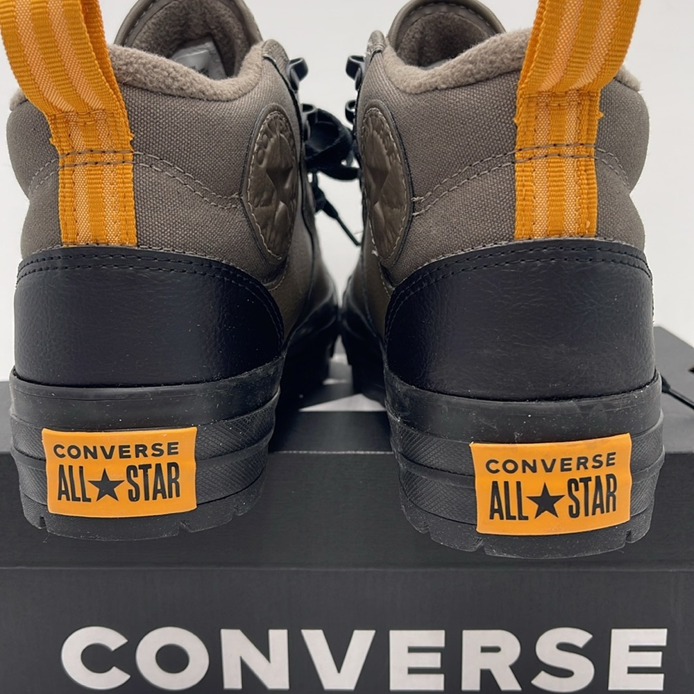 Converse Men’s High-Top Boots in Olive Green and Black with Orange Pull-Tab - Picture 13 of 16